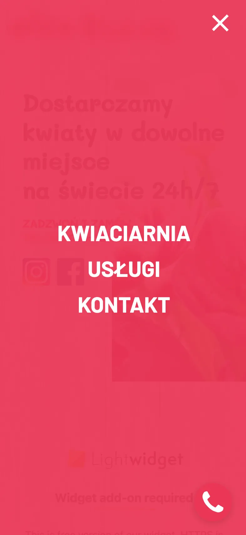 Dotychczasowe otwarte menu: trzy pozycje na różowej nakładce, dane firmy rozmyte